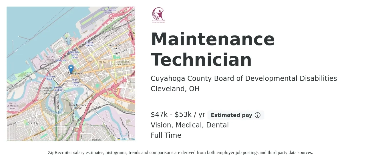Cuyahoga County Board of Developmental Disabilities job posting for a Maintenance Technician in Cleveland, OH with a salary of $47,355 to $53,038 Yearly and benefits including dental, life_insurance, medical, and vision with a map of Cleveland location.