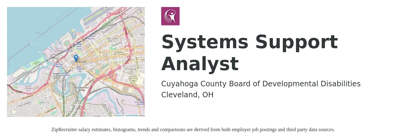 Cuyahoga County Board of Developmental Disabilities job posting for a Systems Support Analyst in Cleveland, OH with a salary of $47,000 Yearly and benefits including pto, retirement, vision, dental, life_insurance, and medical with a map of Cleveland location.