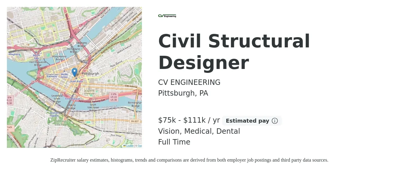 CV ENGINEERING job posting for a Civil Structural Designer in Pittsburgh, PA with a salary of $75,000 to $111,000 Yearly and benefits including dental, medical, retirement, and vision with a map of Pittsburgh location.