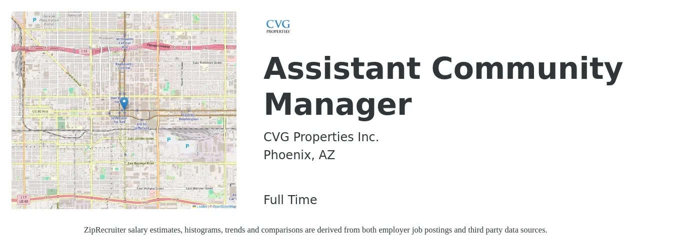 CVG Properties Inc. job posting for a Assistant Community Manager in Phoenix, AZ with a salary of $19 to $23 Hourly with a map of Phoenix location.