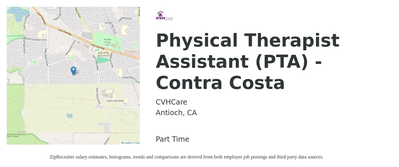 CVHCare job posting for a Physical Therapist Assistant (PTA) - Contra Costa in Antioch, CA with a salary of $80,000 Yearly with a map of Antioch location.