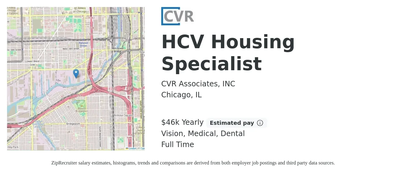 CVR Associates, INC job posting for a HCV Housing Specialist in Chicago, IL with a salary of $46,000 Yearly and benefits including dental, life_insurance, medical, retirement, and vision with a map of Chicago location.