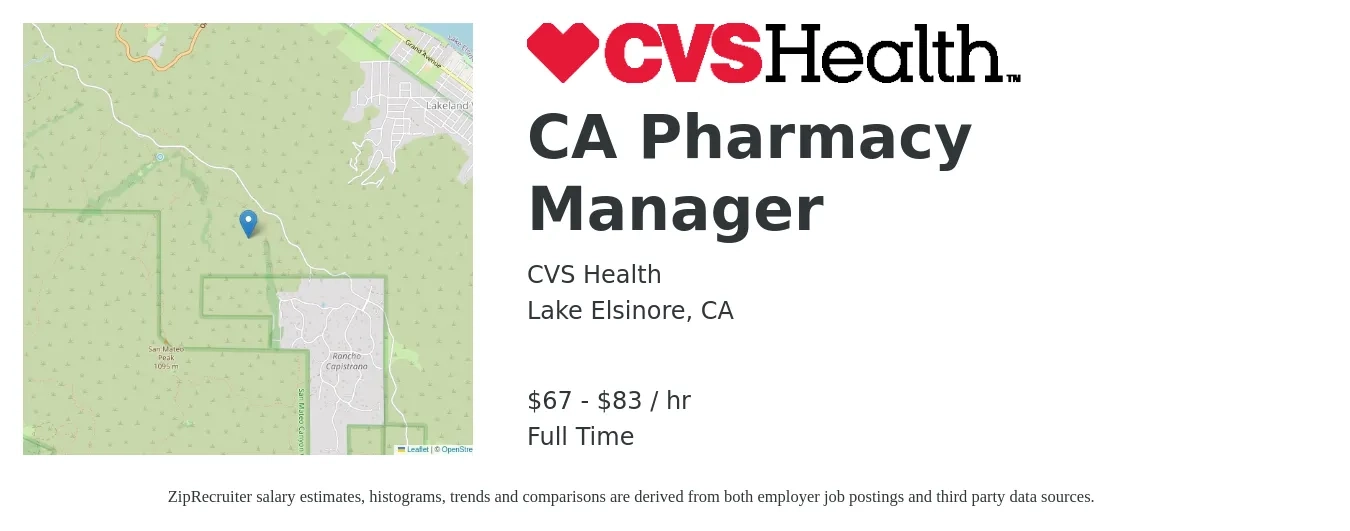 CVS Health job posting for a CA Pharmacy Manager in Lake Elsinore, CA with a salary of $70 to $87 Hourly with a map of Lake Elsinore location.