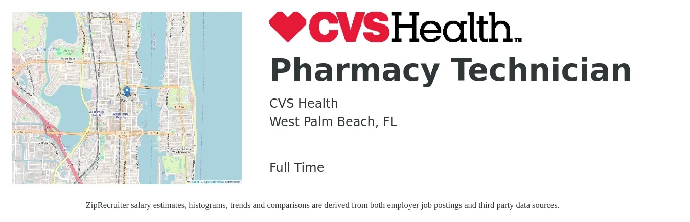 CVS Health job posting for a Pharmacy Technician in West Palm Beach, FL with a salary of $17 to $20 Hourly with a map of West Palm Beach location.