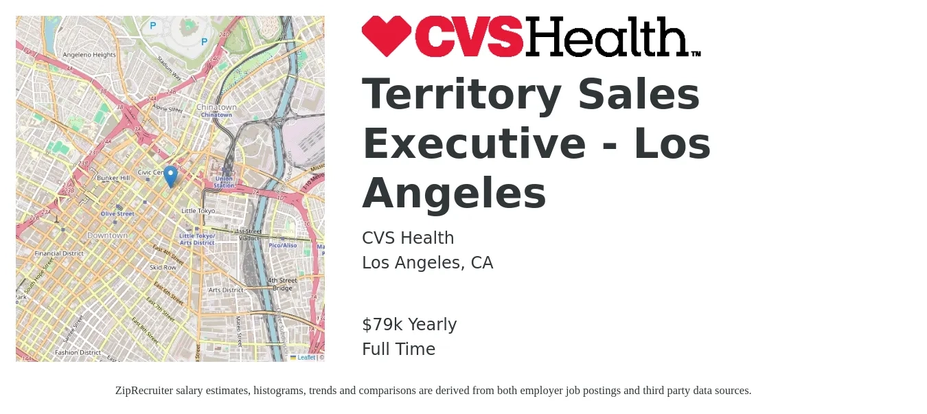 CVS Health job posting for a Territory Sales Executive - Los Angeles in Los Angeles, CA with a salary of $79,300 Yearly with a map of Los Angeles location.