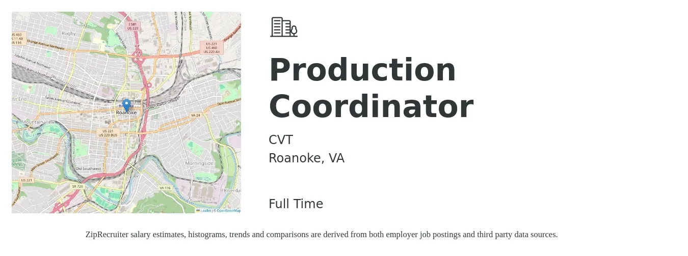 CVT job posting for a Production Coordinator in Roanoke, VA with a salary of $20 to $29 Hourly with a map of Roanoke location.