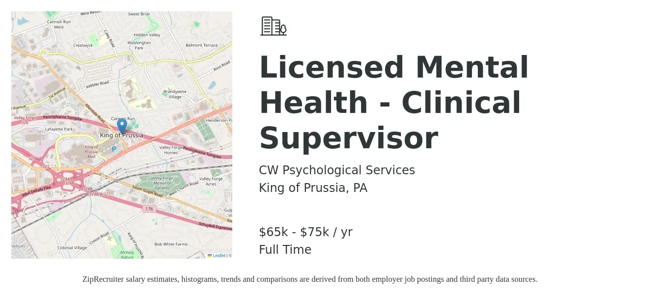CW Psychological Services job posting for a Licensed Mental Health Clinical Supervisor in King of Prussia, PA with a salary of $65,000 to $75,000 Yearly with a map of King of Prussia location.