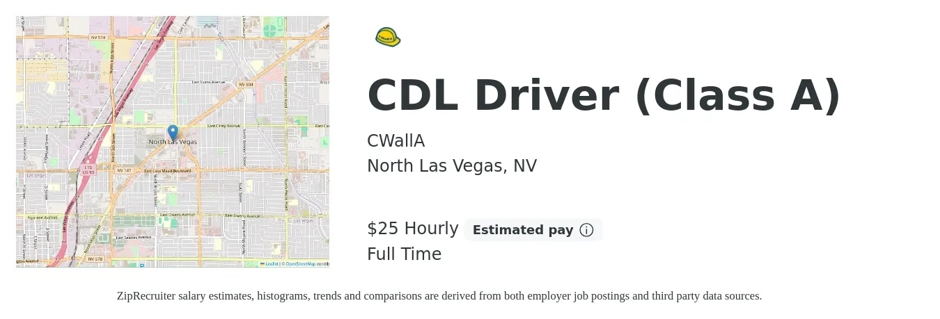CWallA job posting for a CDL Driver (Class A) in North Las Vegas, NV with a salary of $26 to $27 Hourly with a map of North Las Vegas location.
