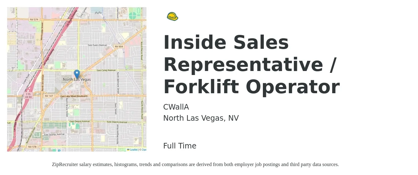 CWallA job posting for a Inside Sales Representative / Forklift Operator in North Las Vegas, NV with a salary of $36,700 to $54,900 Yearly with a map of North Las Vegas location.