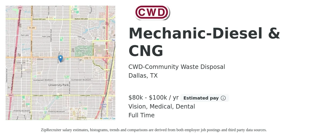 CWD-Community Waste Disposal job posting for a Mechanic-Diesel & CNG in Dallas, TX with a salary of $80,000 to $100,000 Yearly and benefits including retirement, vision, dental, life_insurance, medical, and pto with a map of Dallas location.
