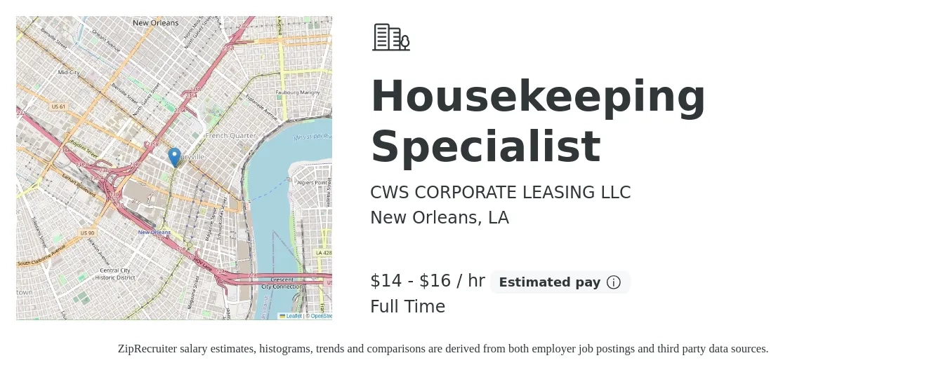 CWS CORPORATE LEASING LLC job posting for a Housekeeping Specialist in New Orleans, LA with a salary of $15 to $17 Hourly with a map of New Orleans location.
