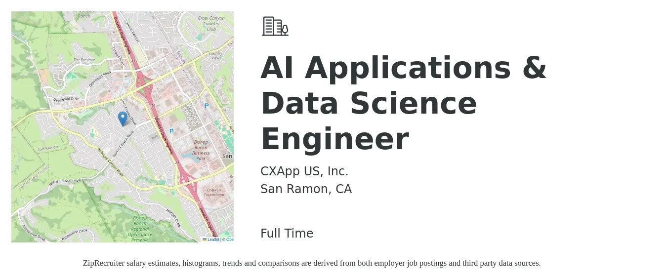CXApp US, Inc. job posting for a AI Applications & Data Science Engineer in San Ramon, CA with a salary of $127,500 to $153,100 Yearly with a map of San Ramon location.