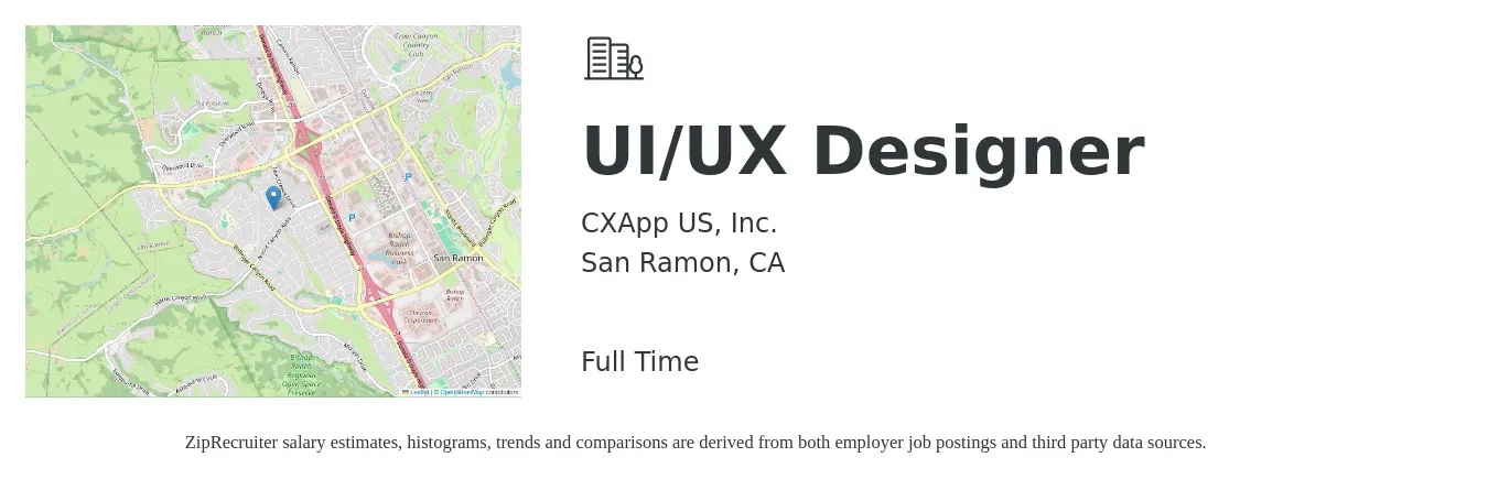 CXApp US, Inc. job posting for a UI/UX Designer in San Ramon, CA with a salary of $48 to $75 Hourly with a map of San Ramon location.