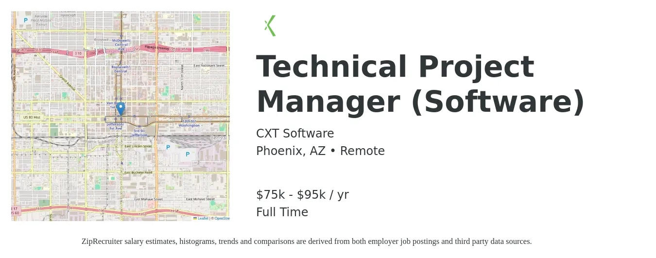 CXT Software job posting for a Technical Project Manager (Software) in Phoenix, AZ with a salary of $65,000 to $80,000 Yearly with a map of Phoenix location.