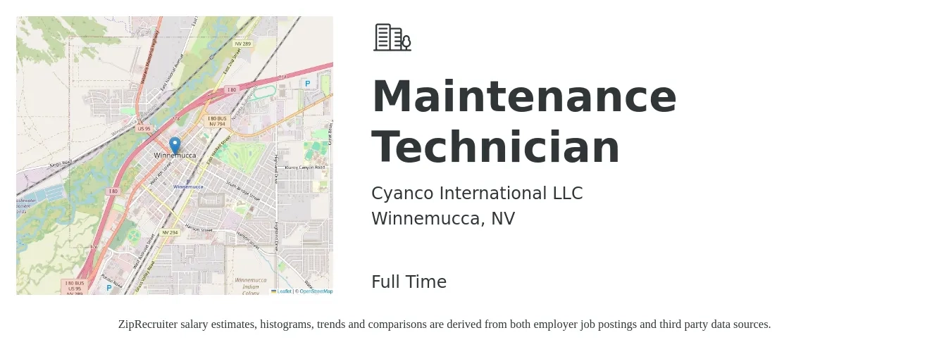 Cyanco International LLC job posting for a Maintenance Technician in Winnemucca, NV with a salary of $19 to $26 Hourly with a map of Winnemucca location.