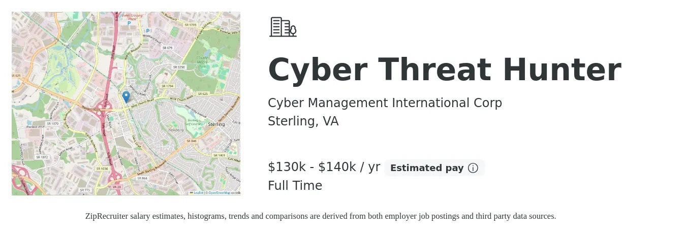 Cyber Management International Corp job posting for a Cyber Threat Hunter in Sterling, VA with a salary of $130,000 to $140,000 Yearly with a map of Sterling location.