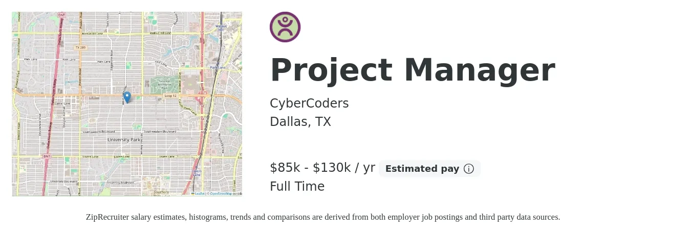 CyberCoders job posting for a Project Manager in Dallas, TX with a salary of $90,000 to $130,000 Yearly with a map of Dallas location.