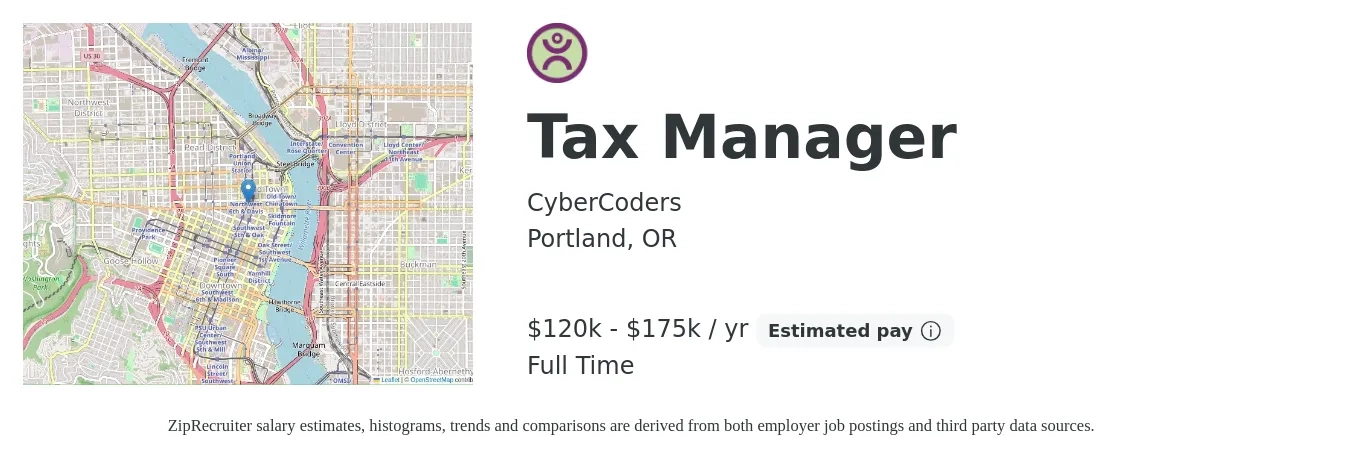CyberCoders job posting for a Tax Manager in Portland, OR with a salary of $180,000 to $200,000 Yearly with a map of Portland location.