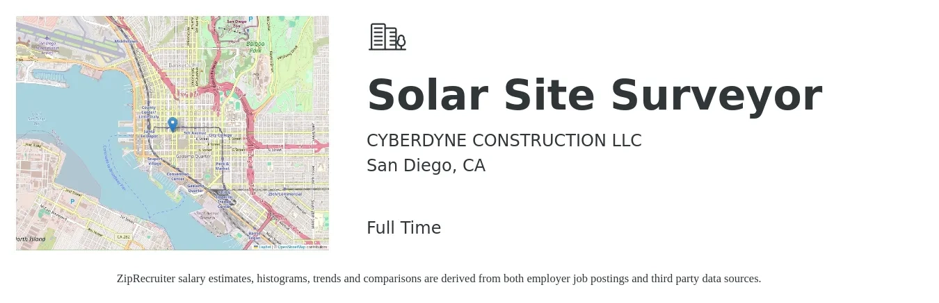 CYBERDYNE CONSTRUCTION LLC job posting for a Solar Site Surveyor in San Diego, CA with a salary of $100 Daily with a map of San Diego location.