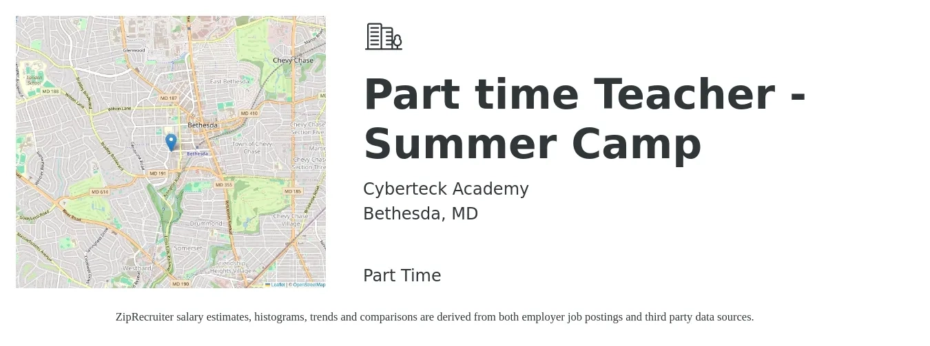 Cyberteck Academy job posting for a Part time Teacher - Summer Camp in Bethesda, MD with a salary of $650 Daily with a map of Bethesda location.