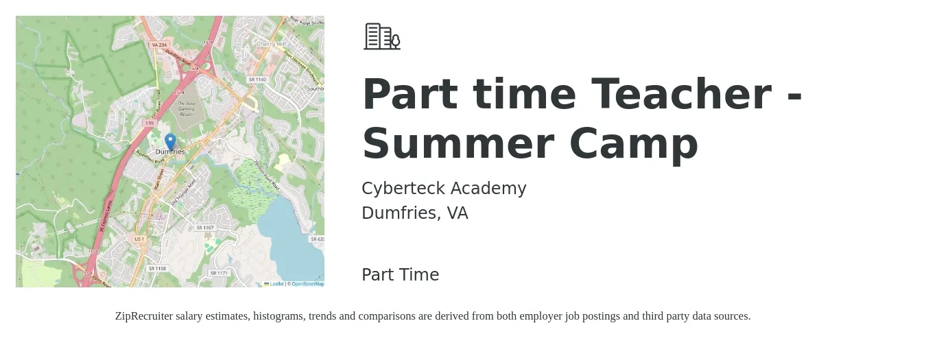 Cyberteck Academy job posting for a Part time Teacher - Summer Camp in Dumfries, VA with a salary of $650 Daily with a map of Dumfries location.