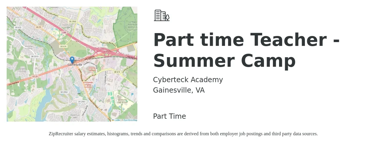 Cyberteck Academy job posting for a Part time Teacher - Summer Camp in Gainesville, VA with a salary of $650 Daily with a map of Gainesville location.