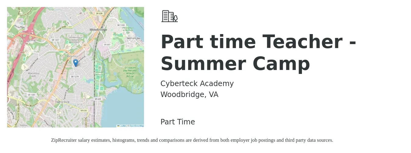 Cyberteck Academy job posting for a Part time Teacher - Summer Camp in Woodbridge, VA with a salary of $650 Daily with a map of Woodbridge location.