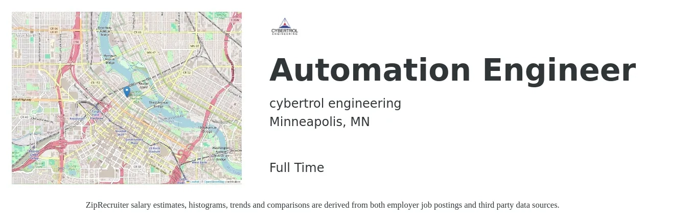 cybertrol engineering job posting for a Automation Engineer in Minneapolis, MN with a salary of $90,300 to $128,900 Yearly with a map of Minneapolis location.