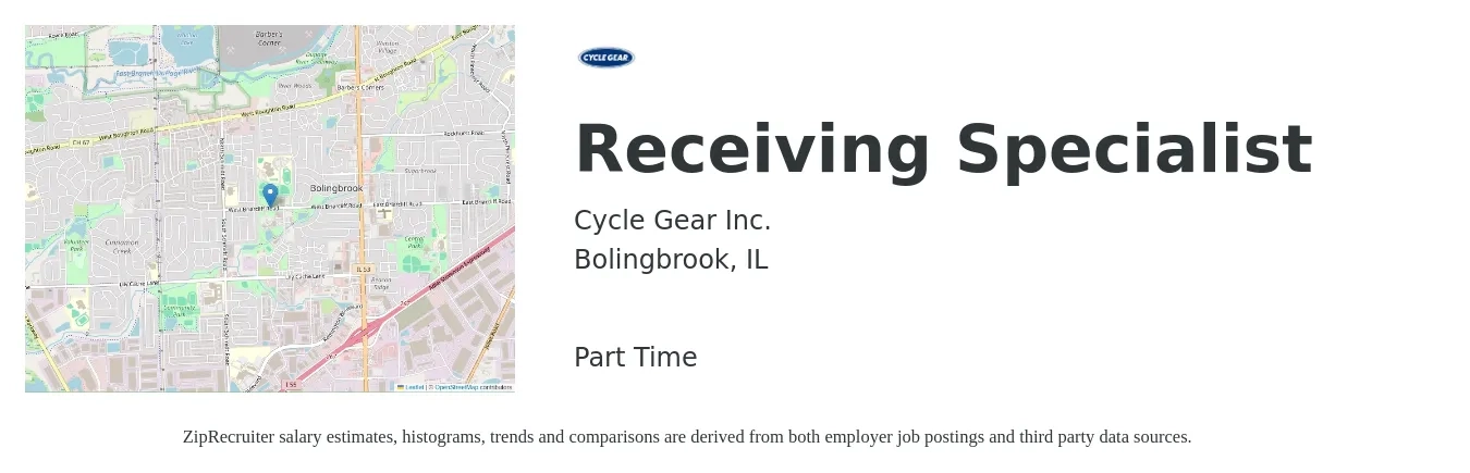 Cycle Gear job posting for a Receiving Specialist in Bolingbrook, IL with a salary of $14 to $16 Hourly with a map of Bolingbrook location.