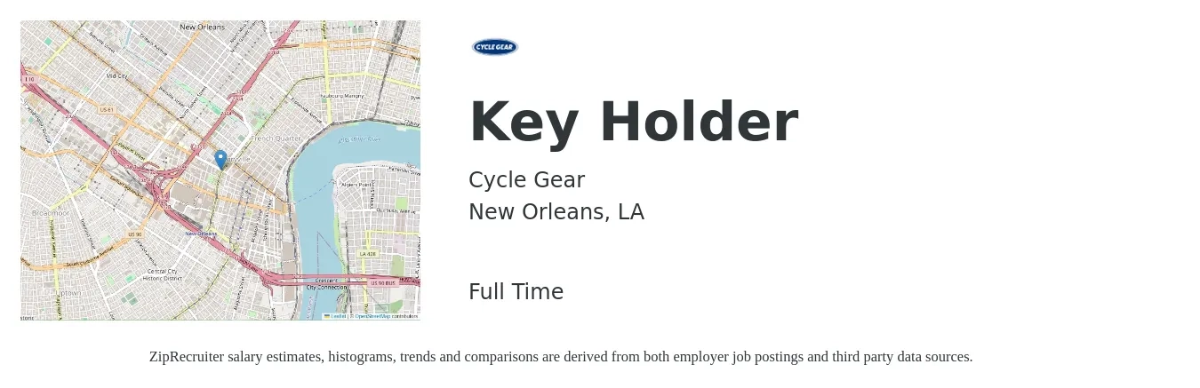 Cycle Gear job posting for a Key Holder in New Orleans, LA with a salary of $12 to $16 Hourly with a map of New Orleans location.
