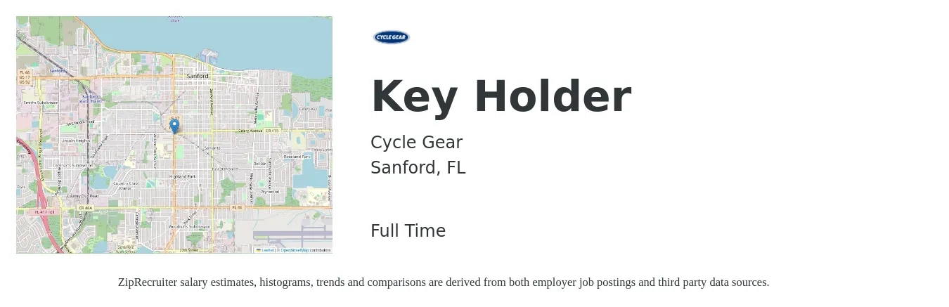 Cycle Gear job posting for a Key Holder in Sanford, FL with a salary of $13 to $17 Hourly with a map of Sanford location.