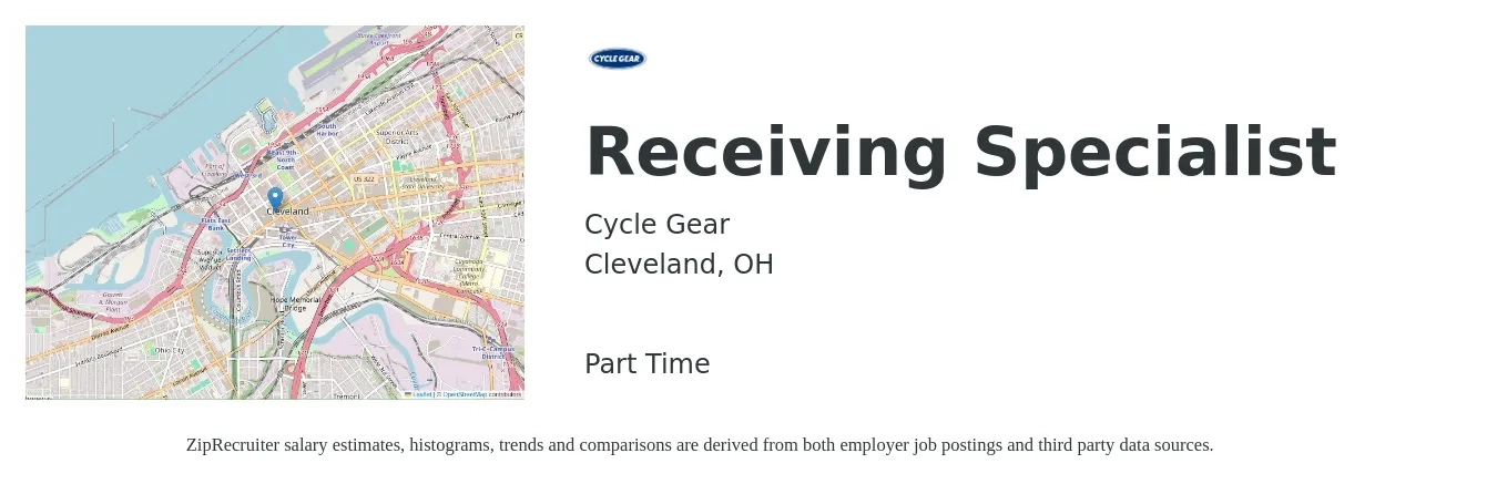 Cycle Gear job posting for a Receiving Specialist in Cleveland, OH with a salary of $14 to $15 Hourly with a map of Cleveland location.