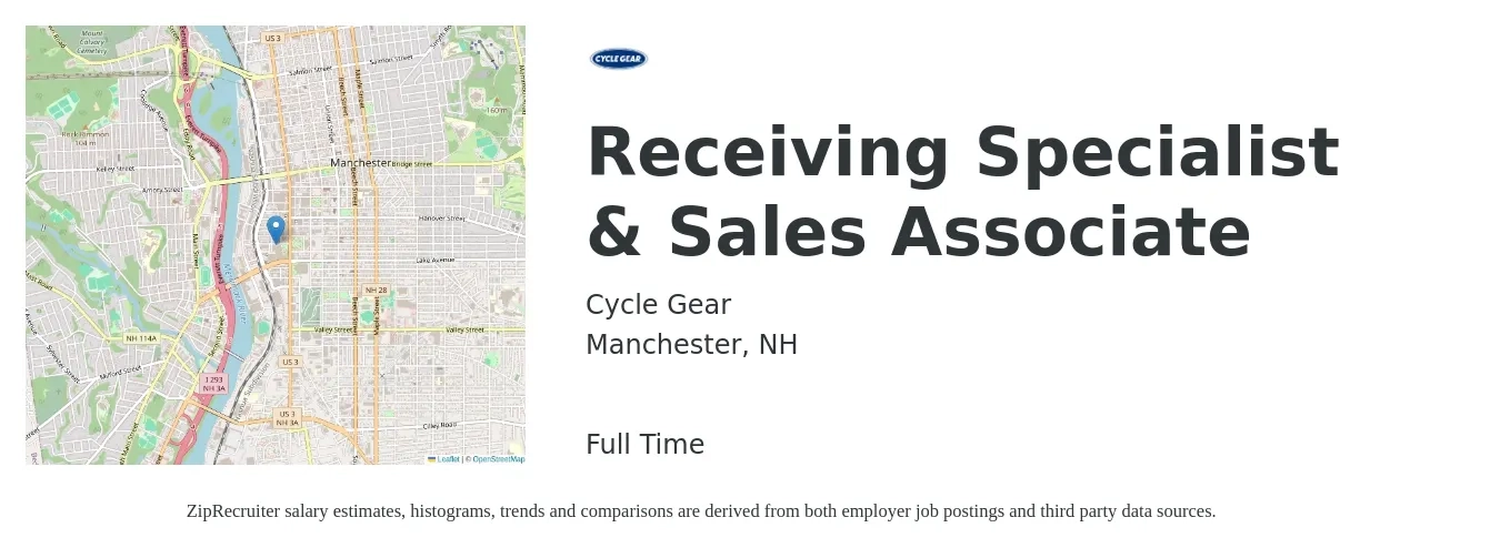 Cycle Gear job posting for a Receiving Specialist & Sales Associate in Manchester, NH with a salary of $14 to $17 Hourly with a map of Manchester location.