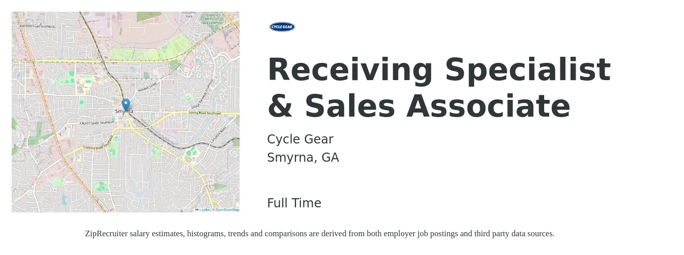 Cycle Gear job posting for a Receiving Specialist & Sales Associate in Smyrna, GA with a salary of $13 to $16 Hourly with a map of Smyrna location.