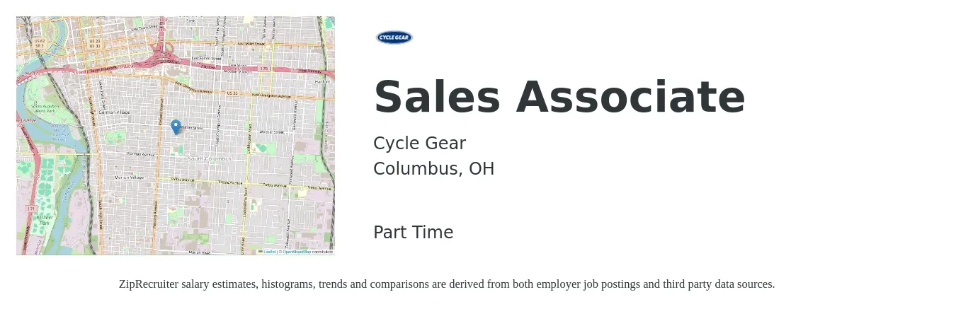 Cycle Gear job posting for a Sales Associate in Columbus, OH with a salary of $11 to $15 Hourly with a map of Columbus location.