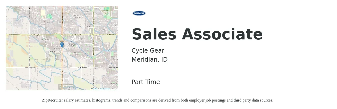 Cycle Gear job posting for a Sales Associate in Meridian, ID with a salary of $10 to $16 Hourly with a map of Meridian location.