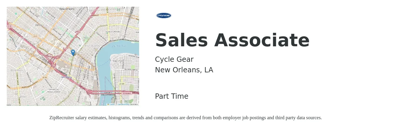 Cycle Gear job posting for a Sales Associate in New Orleans, LA with a salary of $10 to $12 Hourly with a map of New Orleans location.