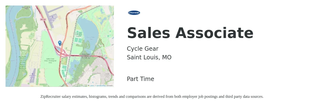 Cycle Gear job posting for a Sales Associate in Saint Louis, MO with a salary of $12 to $17 Hourly with a map of Saint Louis location.