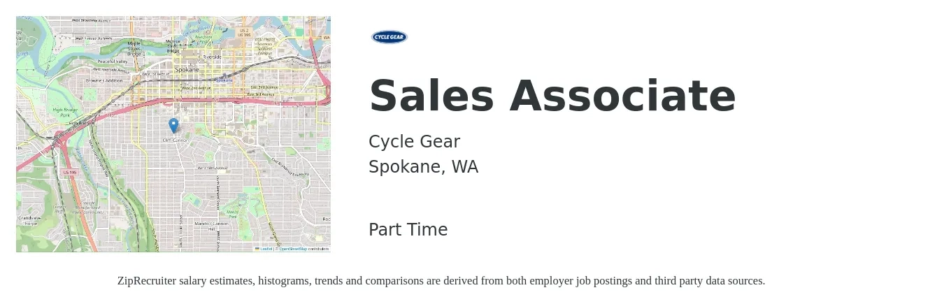 Cycle Gear job posting for a Sales Associate in Spokane, WA with a salary of $16 to $20 Hourly with a map of Spokane location.