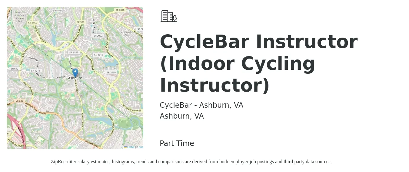 CycleBar - Ashburn, VA job posting for a CycleBar Instructor (Indoor Cycling Instructor) in Ashburn, VA with a salary of $16 to $33 Hourly with a map of Ashburn location.