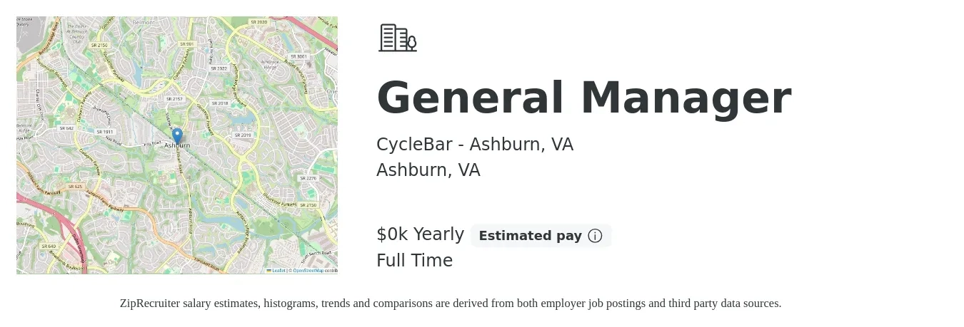 CycleBar - Ashburn, VA job posting for a General Manager in Ashburn, VA with a salary of $50 to $75 Yearly with a map of Ashburn location.