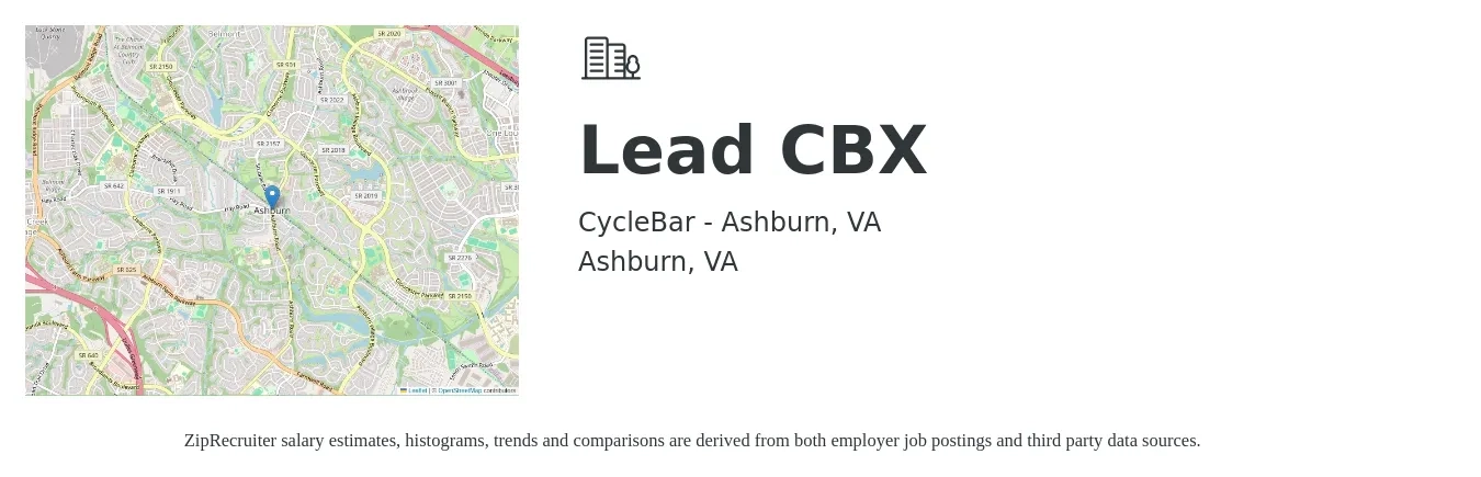 CycleBar - Ashburn, VA job posting for a Lead CBX in Ashburn, VA with a salary of $36,800 to $100,700 Yearly with a map of Ashburn location.