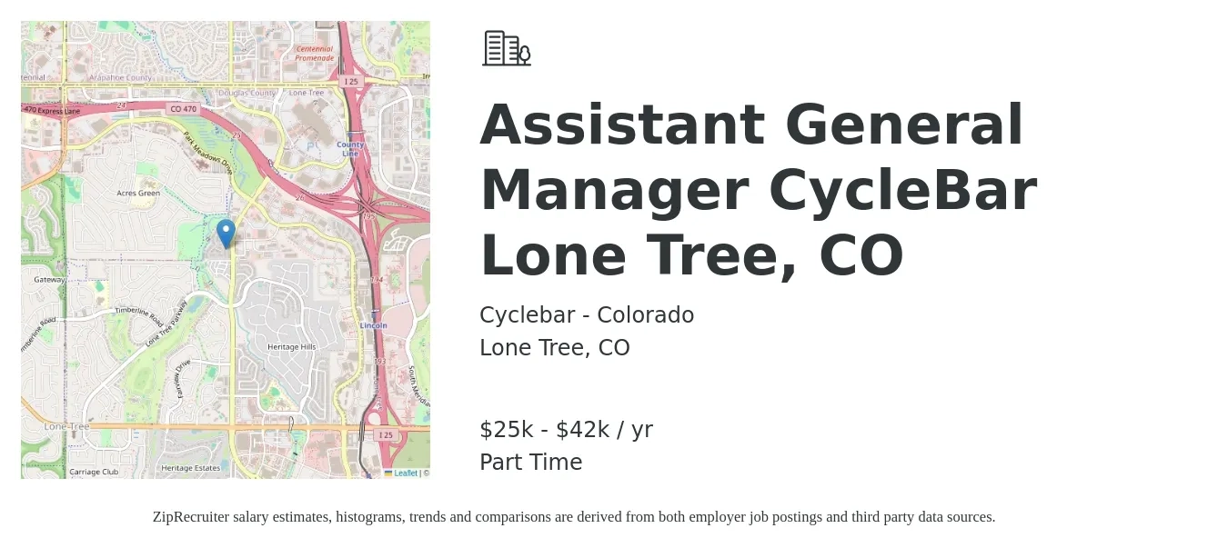 Cyclebar - Colorado job posting for a Assistant General Manager CycleBar Lone Tree, CO in Lone Tree, CO with a salary of $25,000 to $42,000 Yearly with a map of Lone Tree location.
