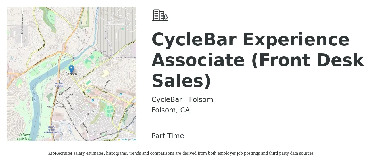 CycleBar - Folsom job posting for a CycleBar Experience Associate (Front Desk Sales) in Folsom, CA with a salary of $14 to $18 Hourly with a map of Folsom location.