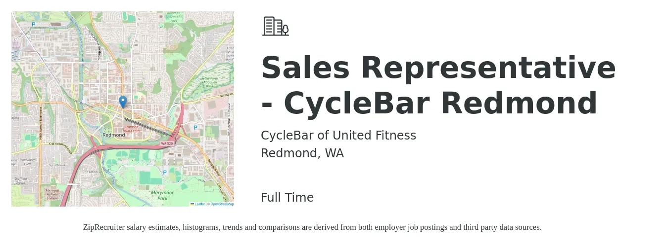 CycleBar of United Fitness job posting for a Sales Representative - CycleBar Redmond in Redmond, WA with a salary of $59,900 to $104,200 Yearly with a map of Redmond location.