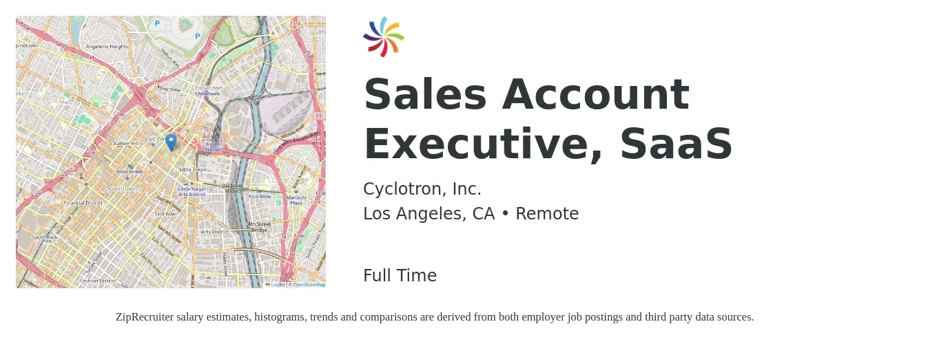 Cyclotron, Inc. job posting for a Sales Account Executive, SaaS in Los Angeles, CA with a salary of $57,600 to $90,500 Yearly with a map of Los Angeles location.