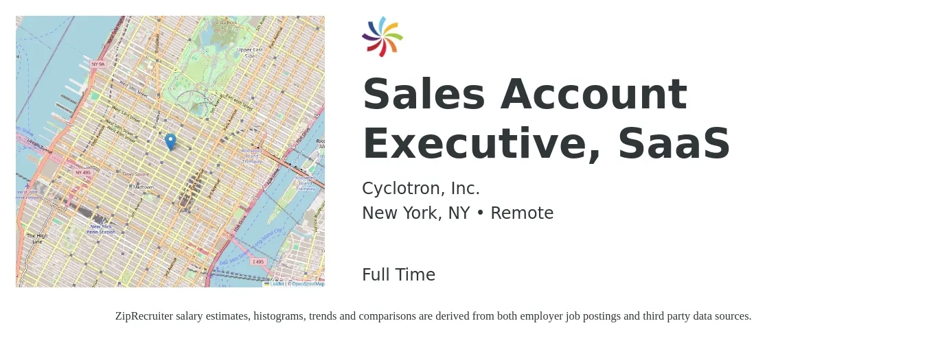 Cyclotron, Inc. job posting for a Sales Account Executive, SaaS in New York, NY with a salary of $58,900 to $92,500 Yearly with a map of New York location.