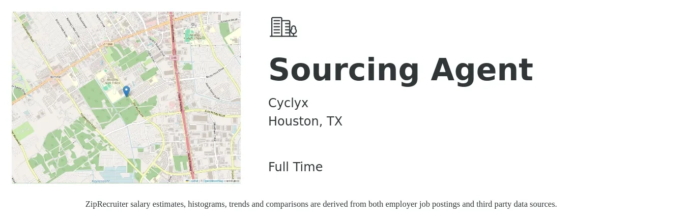Cyclyx job posting for a Sourcing Agent in Houston, TX with a salary of $23 to $37 Hourly with a map of Houston location.