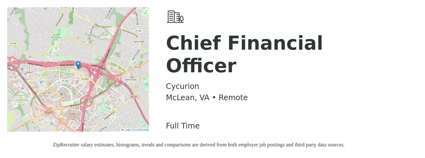 Cycurion job posting for a Chief Financial Officer in McLean, VA with a salary of $142,500 to $404,300 Yearly with a map of McLean location.