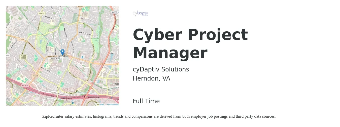 cyDaptiv Solutions job posting for a Cyber Project Manager in Herndon, VA with a salary of $175,000 Yearly with a map of Herndon location.